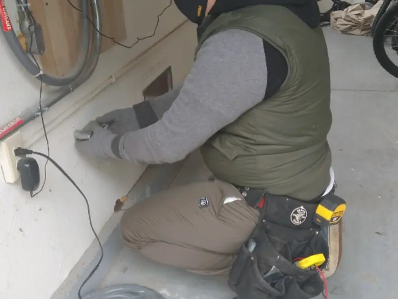 Electrician performing outlet wiring in a Canaan garage